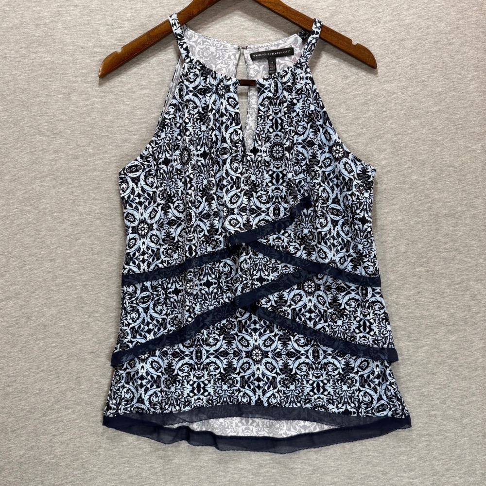 White House Black Market Halter Top Womens M Navy Blue Damask Tiered Office Chic